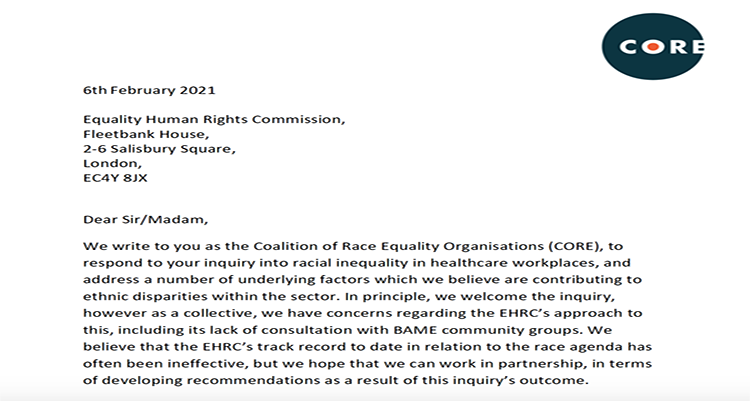 CORE writes to EHRC regards racial inequality in healthcare workplaces